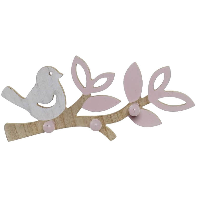 Porte-manteaux enfant oiseau et branche rose en bois 3 accroches